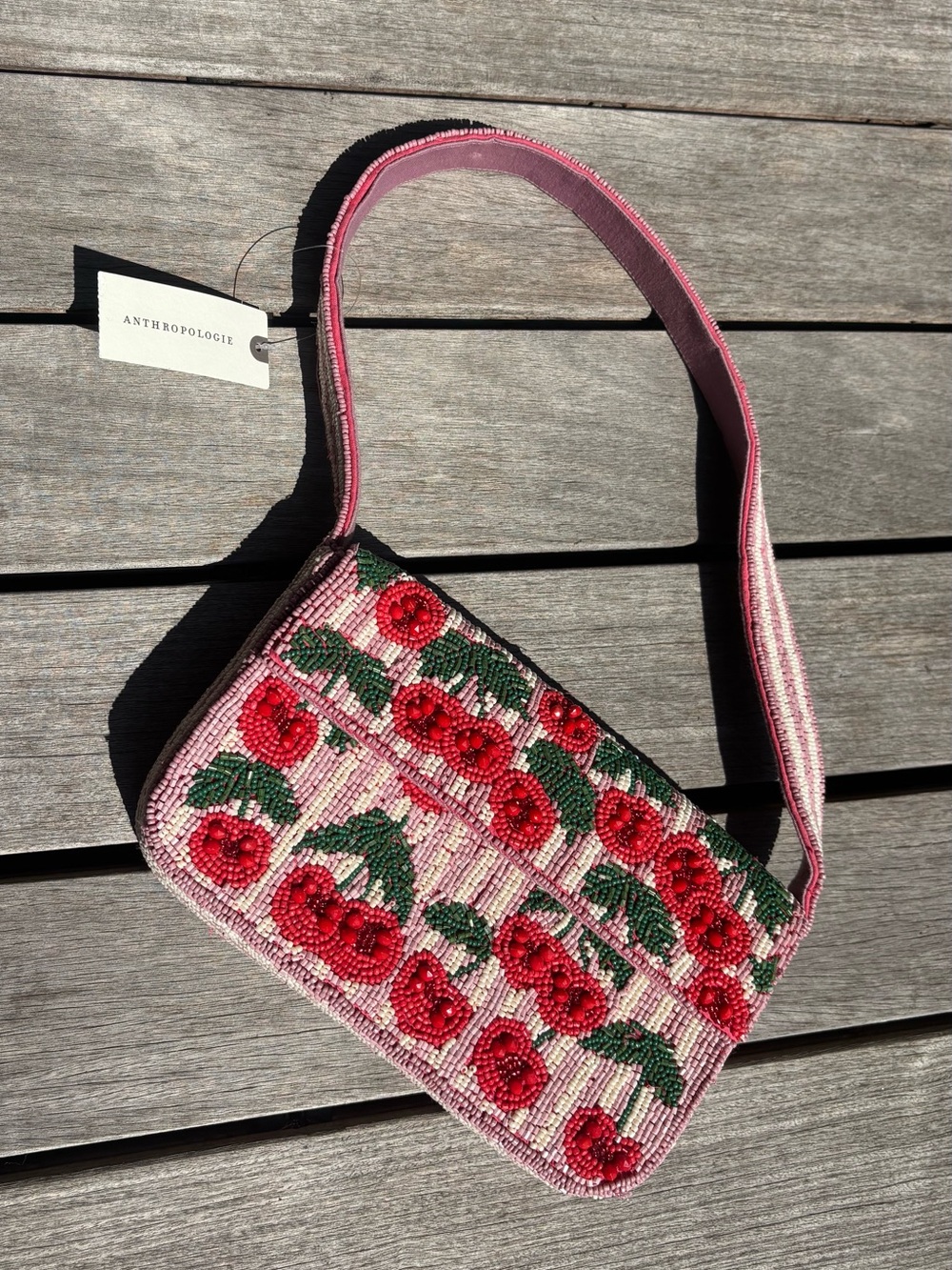 Anthropologie Pink Beaded Cherry Motif Shoulder Bag